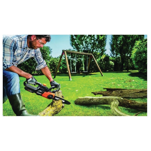 WORX WG322 Auto-Tension Chainsaw, 20 V Battery, 10 in L Bar/Chain, 3/8 in Bar/Chain Pitch, Black