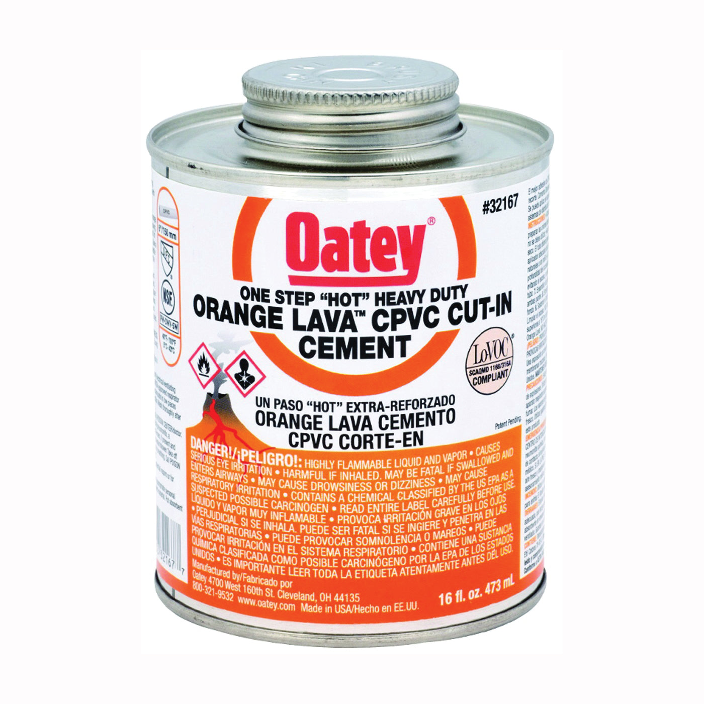 Oatey 32167 Solvent Cement, 16 oz Can, Liquid, Orange