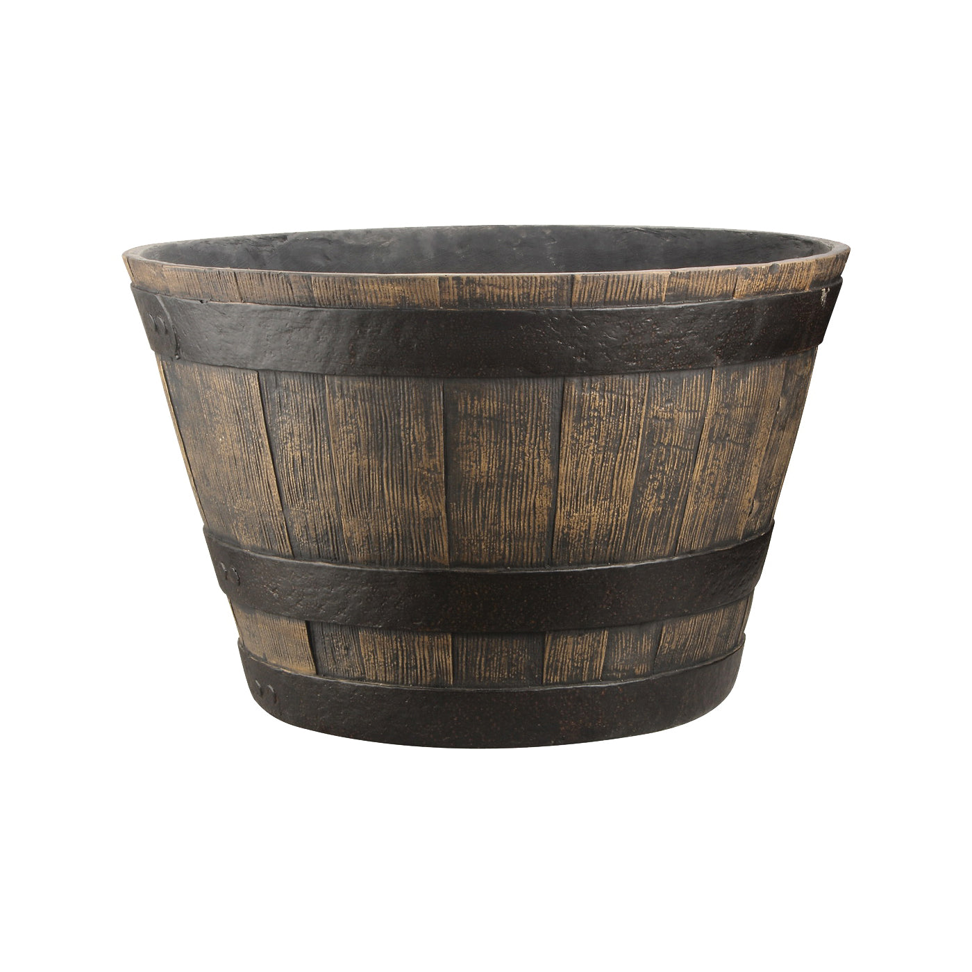 Landscapers Select PT-030 Pottery Planter, 20 in Dia, Barrel, Cast Stone, Weathered Oak