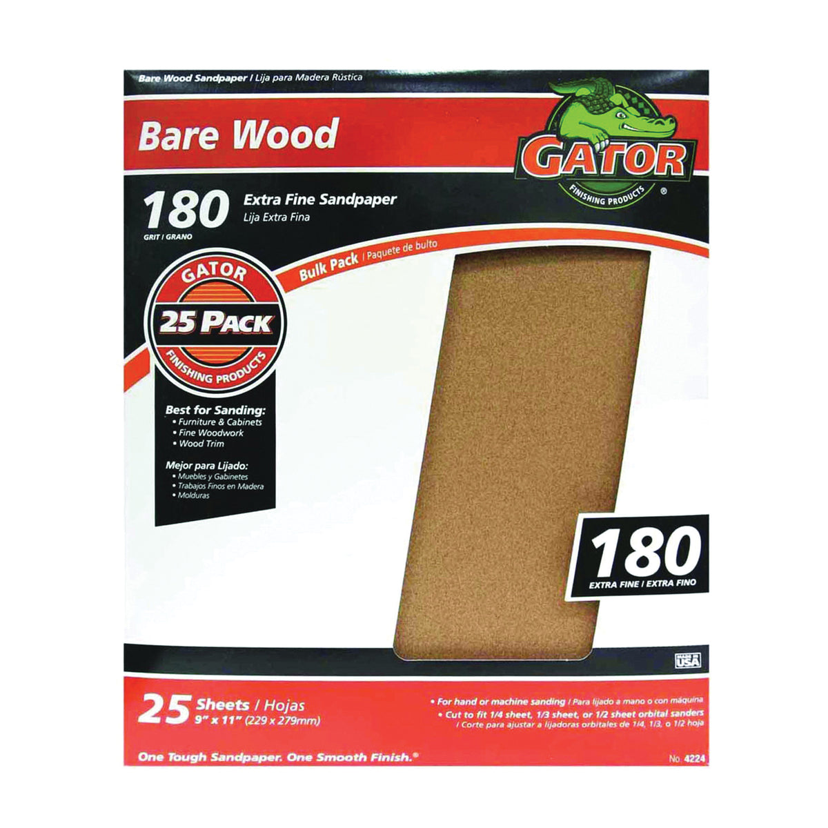 Gator 3273 Sanding Sheet, 11 in L, 9 in W, 180 Grit, Garnet Abrasive