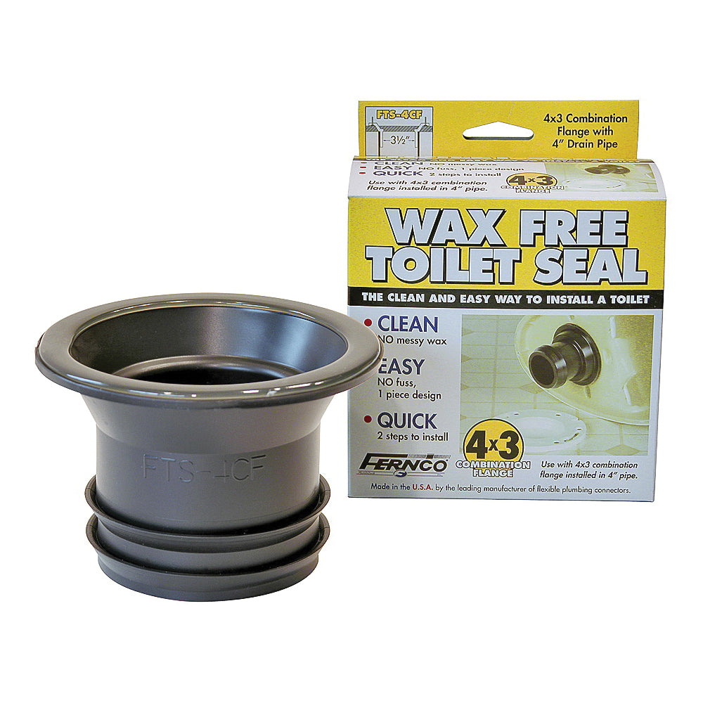 FERNCO FTS-4CF Wax Free Toilet Seal, 3 in Dia, Elastomeric PVC, Black, For: 3-1/2 in Drain Pipes