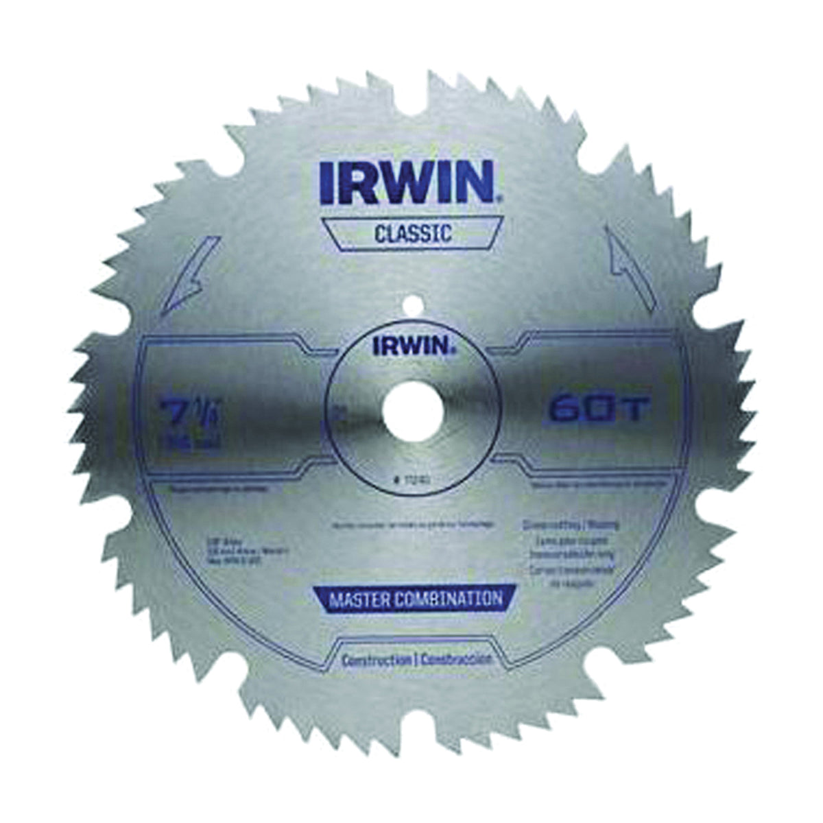 IRWIN 11240 Circular Saw Blade, 7-1/4 in Dia, 5/8 in Arbor, 60-Teeth, Carbon Steel Cutting Edge