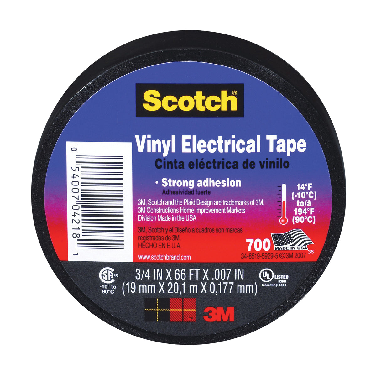 Scotch 4218-BA-40 Electrical Tape, 66 ft L, 3/4 in W, Vinyl Backing, Black