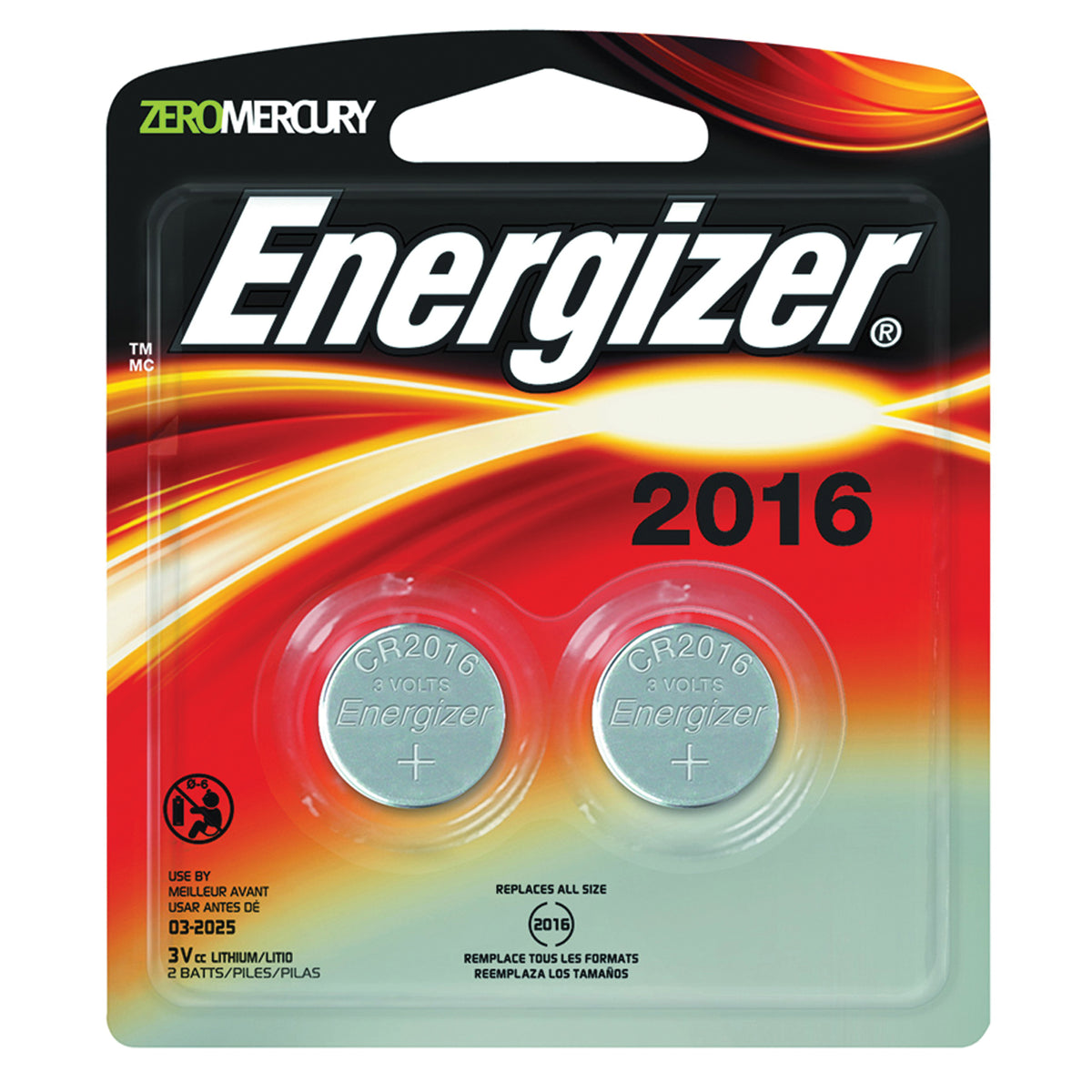 Energizer 2016BP-2 Coin Cell Battery, 3 V Battery, 100 mAh, CR2016 Battery, Lithium, Manganese Dioxide