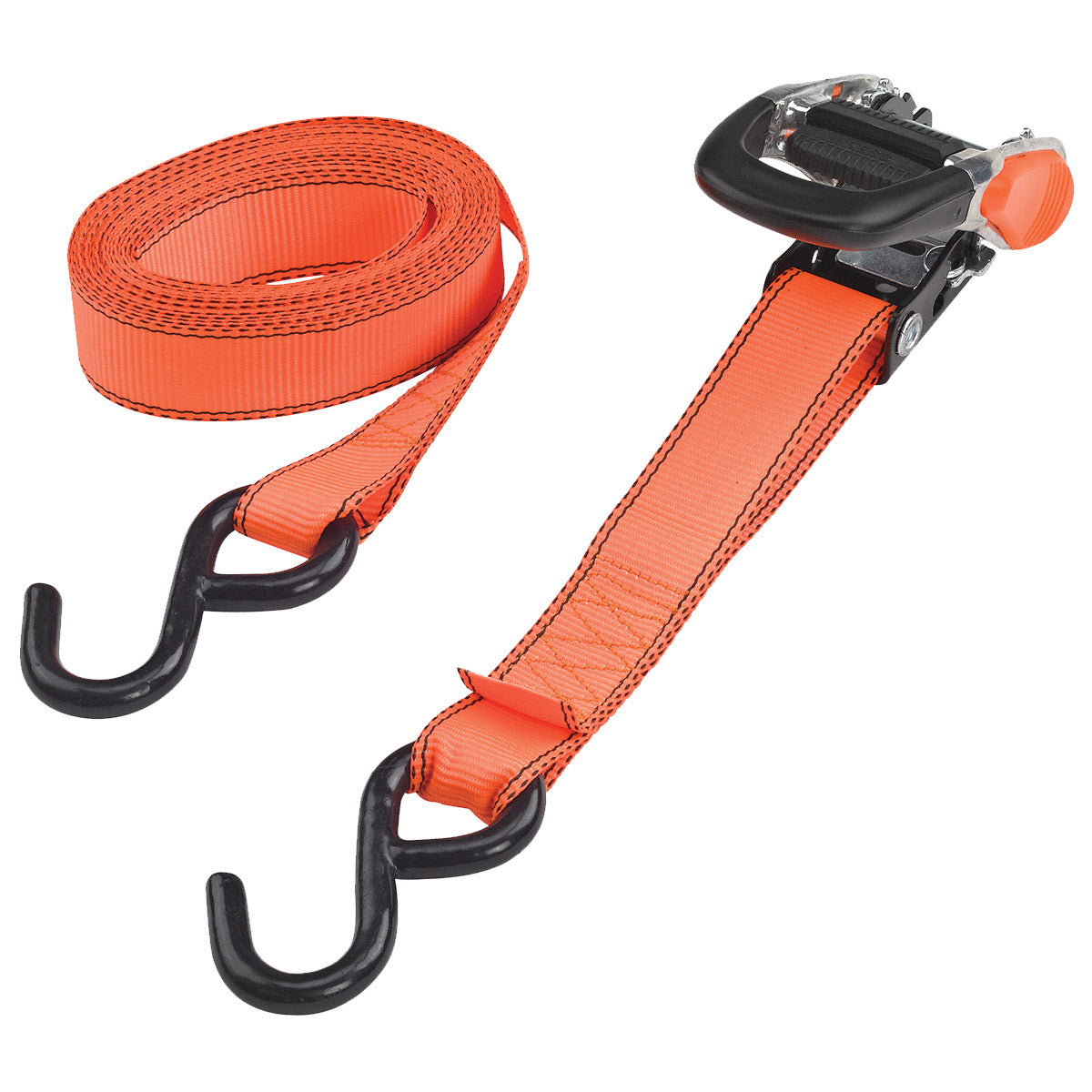 ProSource FH4013 Tie-Down, 1-1/4 in W, 16 ft L, Polyester Webbing, Metal Ratchet, Orange, 700 lb, S-Hook End Fitting