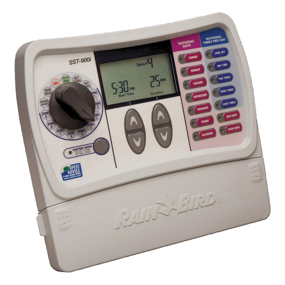 Rain Bird SST900IN Irrigation Timer, 120 V, 9 -Zone, 1 -Program, Digital Display, Wall Mounting, White