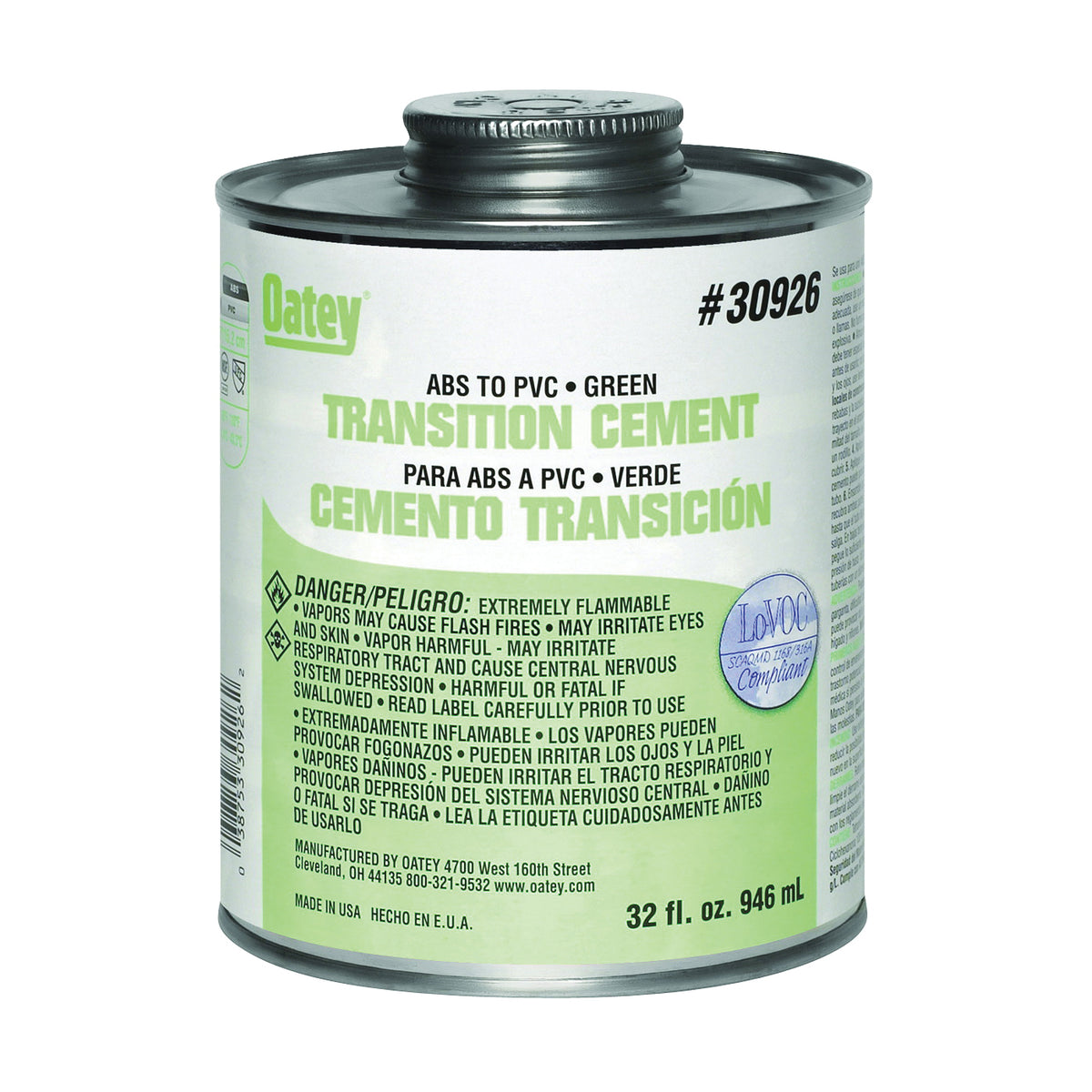 Oatey 30926 Solvent Cement, 32 oz Can, Liquid, Green
