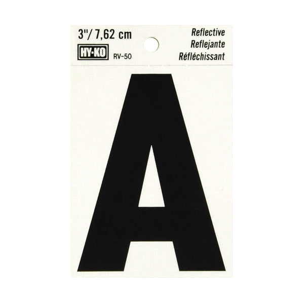 HY-KO RV-50/A Reflective Letter, Character: A, 3 in H Character, Black Character, Silver Background, Vinyl