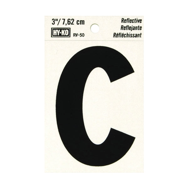 HY-KO RV-50/C Reflective Letter, Character: C, 3 in H Character, Black Character, Silver Background, Vinyl