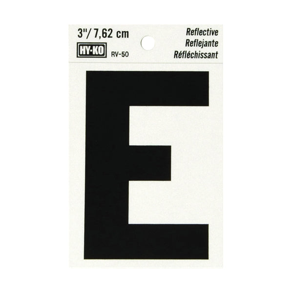 HY-KO RV-50/E Reflective Letter, Character: E, 3 in H Character, Black Character, Silver Background, Vinyl