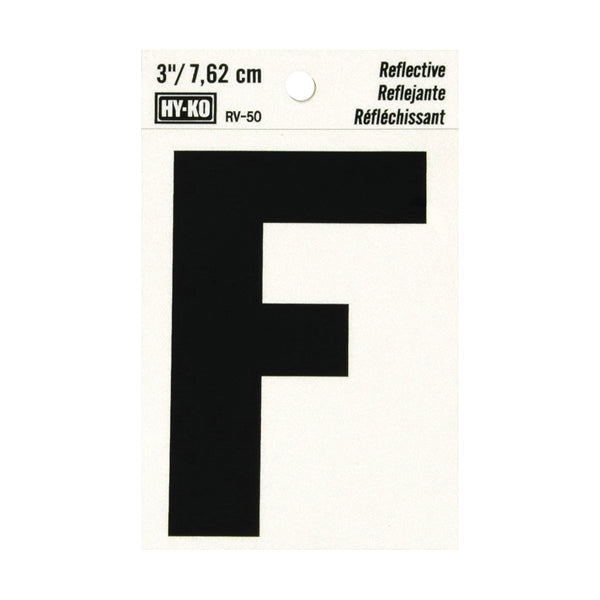 HY-KO RV-50/F Reflective Letter, Character: F, 3 in H Character, Black Character, Silver Background, Vinyl