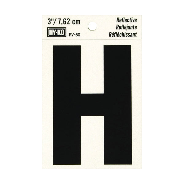 HY-KO RV-50/H Reflective Letter, Character: H, 3 in H Character, Black Character, Silver Background, Vinyl
