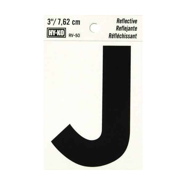 HY-KO RV-50/J Reflective Letter, Character: J, 3 in H Character, Black Character, Silver Background, Vinyl