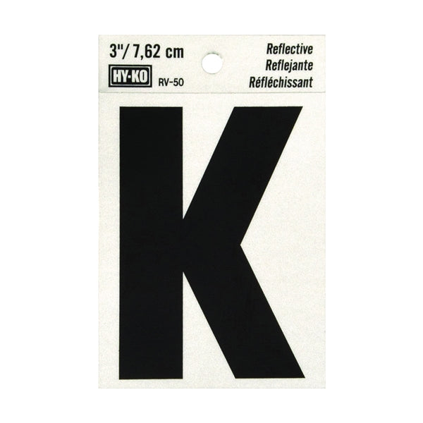 HY-KO RV-50/K Reflective Letter, Character: K, 3 in H Character, Black Character, Silver Background, Vinyl