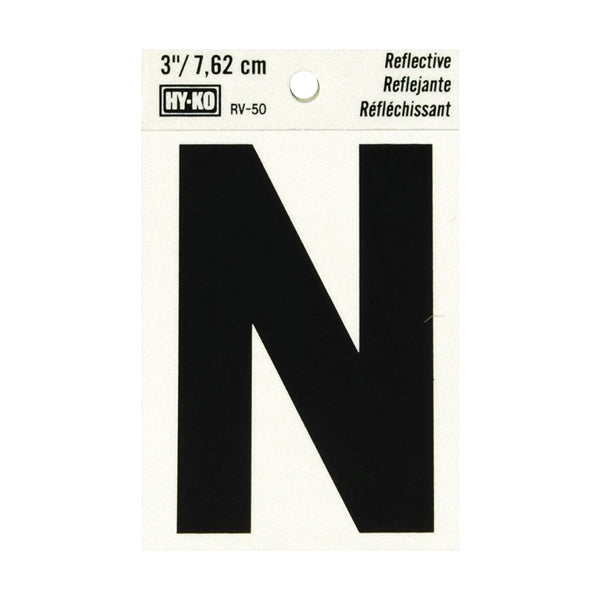 HY-KO RV-50/N Reflective Letter, Character: N, 3 in H Character, Black Character, Silver Background, Vinyl