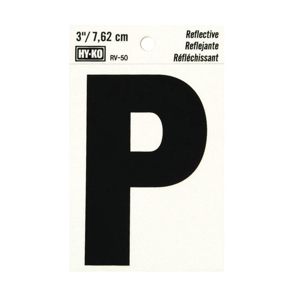 HY-KO RV-50/P Reflective Letter, Character: P, 3 in H Character, Black Character, Silver Background, Vinyl