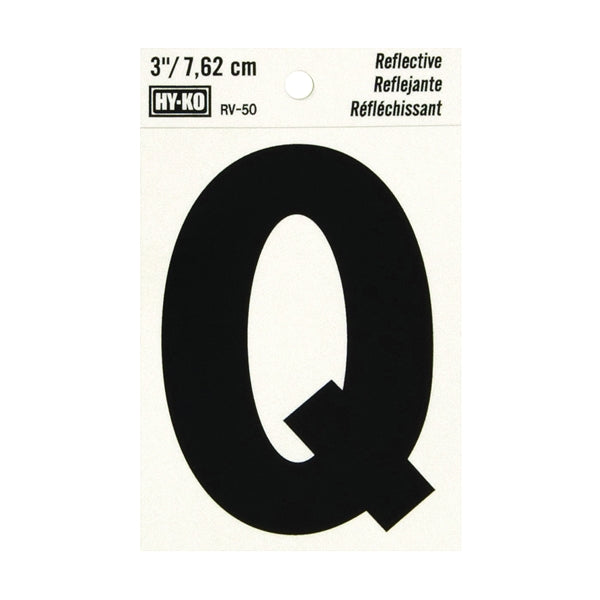 HY-KO RV-50/Q Reflective Letter, Character: Q, 3 in H Character, Black Character, Silver Background, Vinyl