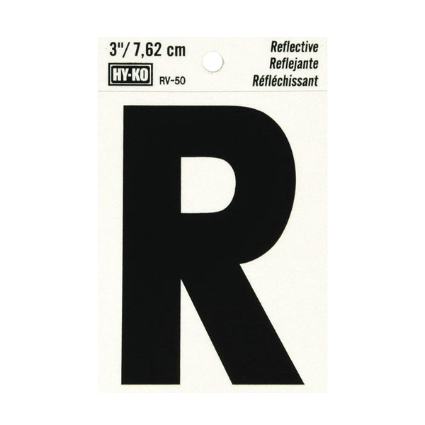 HY-KO RV-50/R Reflective Letter, Character: R, 3 in H Character, Black Character, Silver Background, Vinyl