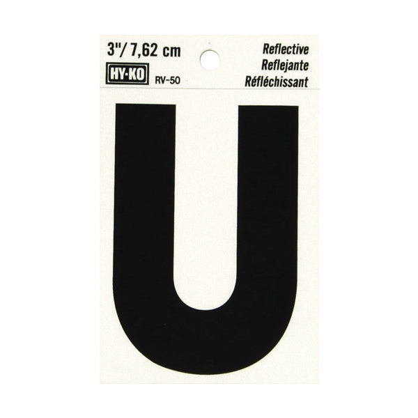 HY-KO RV-50/U Reflective Letter, Character: U, 3 in H Character, Black Character, Silver Background, Vinyl