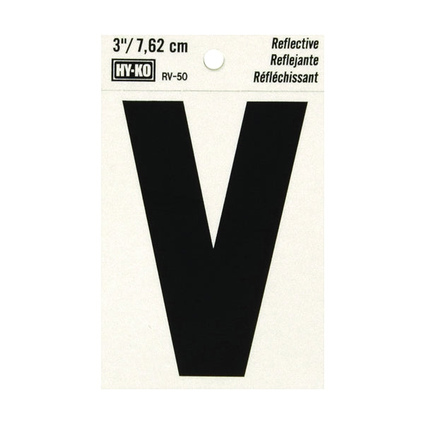 HY-KO RV-50/V Reflective Letter, Character: V, 3 in H Character, Black Character, Silver Background, Vinyl