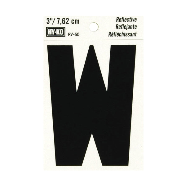 HY-KO RV-50/W Reflective Letter, Character: W, 3 in H Character, Black Character, Silver Background, Vinyl