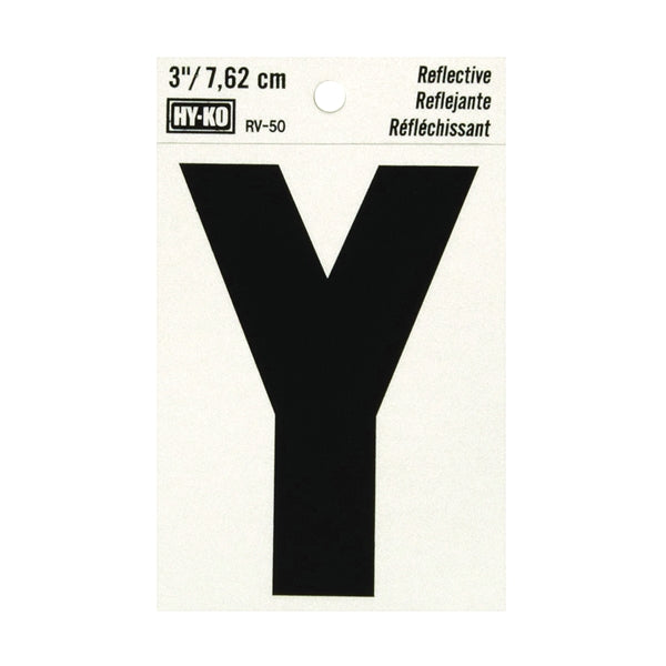 HY-KO RV-50/Y Reflective Letter, Character: Y, 3 in H Character, Black Character, Silver Background, Vinyl