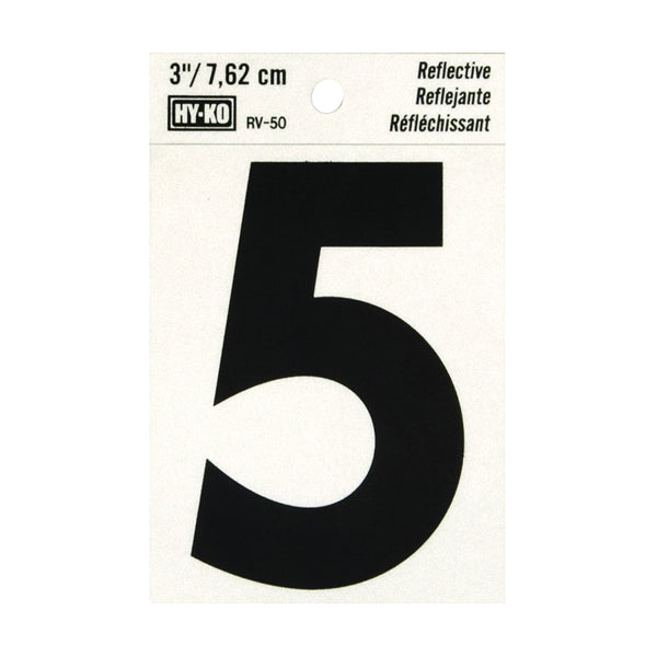 HY-KO RV-50/5 Reflective Sign, Character: 5, 3 in H Character, Black Character, Silver Background, Vinyl
