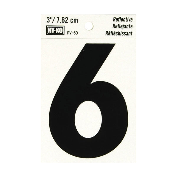 HY-KO RV-50/6 Reflective Sign, Character: 6, 3 in H Character, Black Character, Silver Background, Vinyl