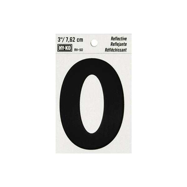 HY-KO RV-50/0 Reflective Sign, Character: 0, 3 in H Character, Black Character, Silver Background, Vinyl