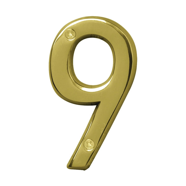 HY-KO Prestige Series BR-42PB/9 House Number, Character: 9, 4 in H Character, Brass Character, Solid Brass