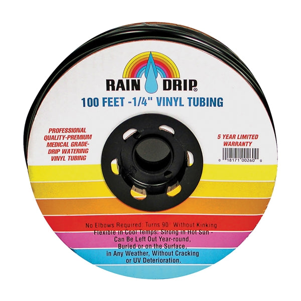 Raindrip 016010T Drip Watering Tubing, 0.16 to 0.197 in ID, 100 ft L, Polyethylene, Black