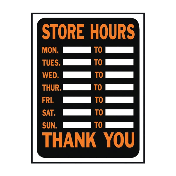 HY-KO Hy-Glo Series 3030 Identification Sign, Rectangular, STORE HOURS, Fluorescent Orange Legend, Black Background