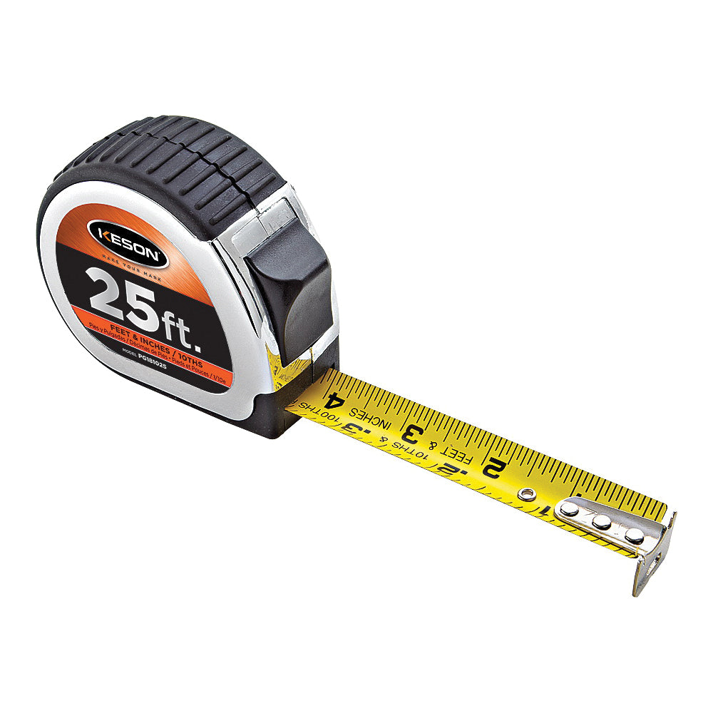 KESON PG1025 Tape Measure, 25 ft L Blade, 1 in W Blade, Steel Blade, ABS Case, Black/Gold Case