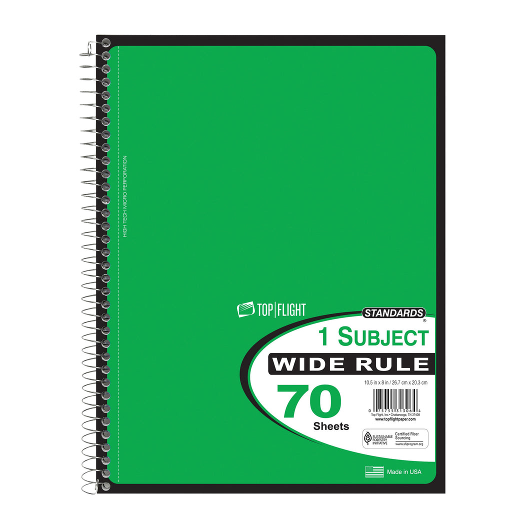 TOP FLIGHT WB70PF 4510816 Wide Rule Notebook, Micro-Perforated Sheet, 70-Sheet, Wirebound Binding