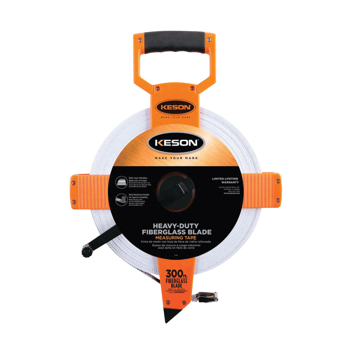 KESON OTR18300 Tape Measure, 300 ft L Blade, 1/2 in W Blade, Fiberglass Blade, ABS Case, Pumpkin Case