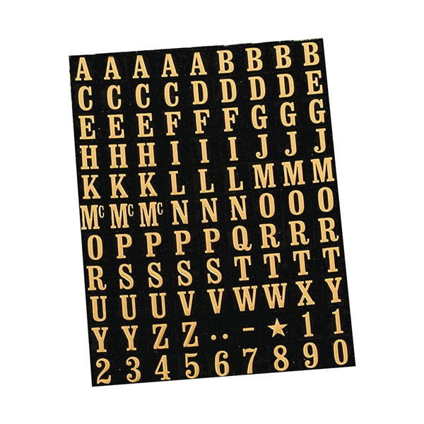 HY-KO MM-1 Packaged Number and Letter Set, 5/16 in H Character, Gold Character, Black Background, Mylar