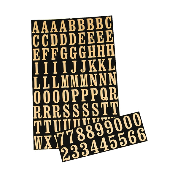 HY-KO MM-2 Packaged Number and Letter Set, 7/8 in H Character, Gold Character, Black Background, Mylar