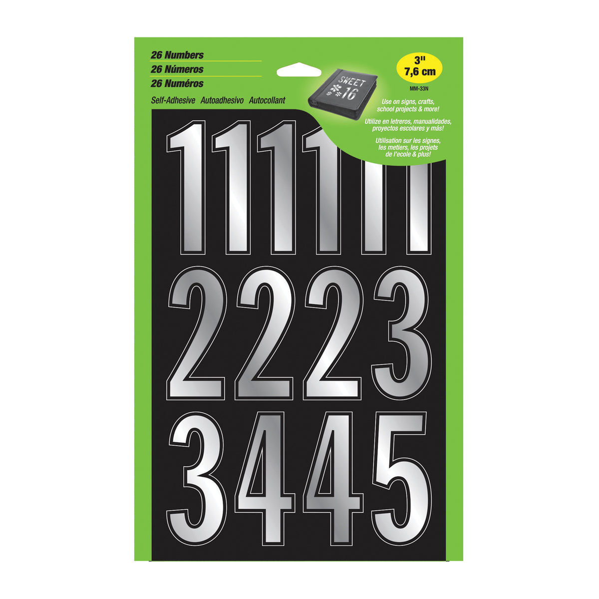 HY-KO MM-33N Prism Number Set, 3 in H Character, Silver Character, Vinyl