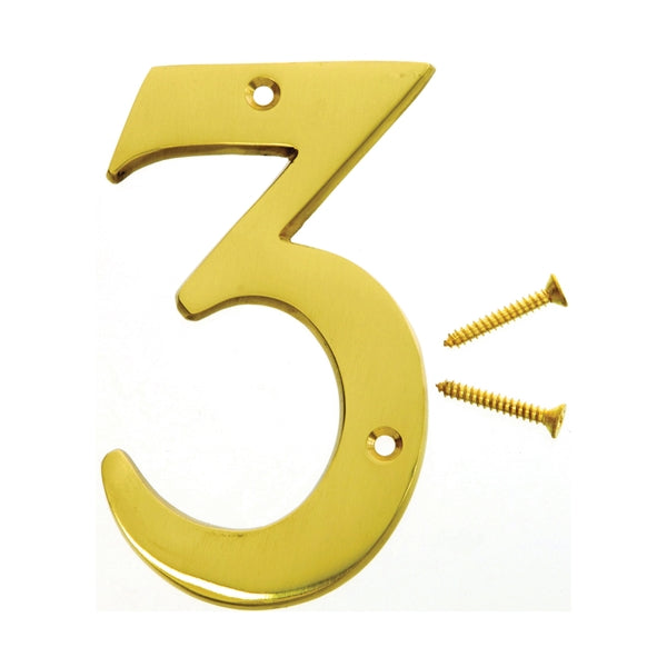 HY-KO BR-90/3 House Number, Character: 3, 4 in H Character, 2-1/2 in W Character, Brass Character, Brass