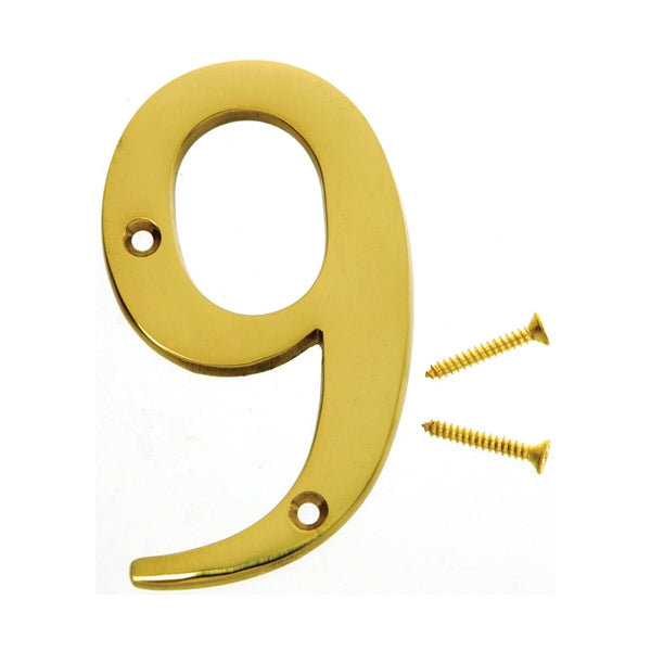 HY-KO BR-90/9 House Number, Character: 9, 4 in H Character, 2-1/2 in W Character, Brass Character, Solid Brass