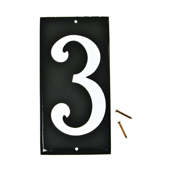 HY-KO CA-25/3 House Number, Character: 3, 3-1/2 in H Character, White Character, Black Background, Aluminum
