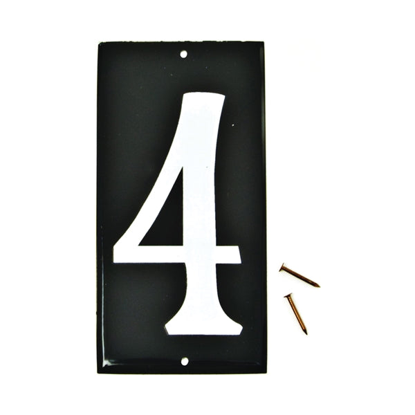 HY-KO CA-25/4 House Number, Character: 4, 3-1/2 in H Character, White Character, Black Background, Aluminum