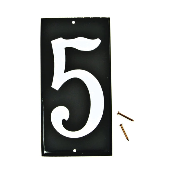 HY-KO CA-25/5 House Number, Character: 5, 3-1/2 in H Character, White Character, Black Background, Aluminum