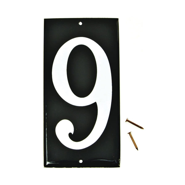 HY-KO CA-25/9 House Number, Character: 9, 3-1/2 in H Character, White Character, Black Background, Aluminum