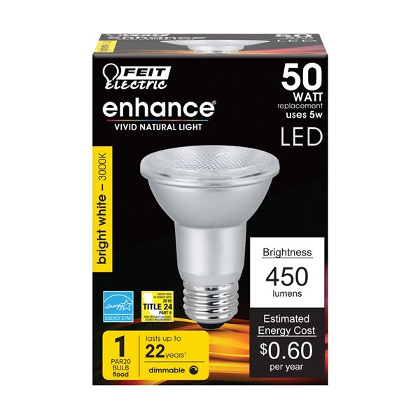 Feit Electric PAR20DM/930CA LED Lamp, Flood/Spotlight, PAR20 Lamp, 50 W Equivalent, E26 Lamp Base, Dimmable, Silver