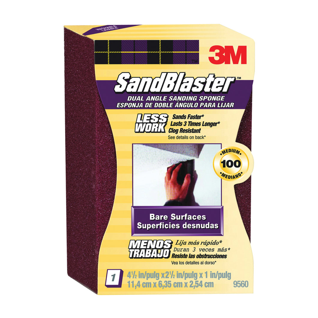 3M SandBlaster 9560 Sanding Sponge, 4-1/2 in L, 2-1/2 in W, 100 Grit, Medium, Aluminum Oxide Abrasive
