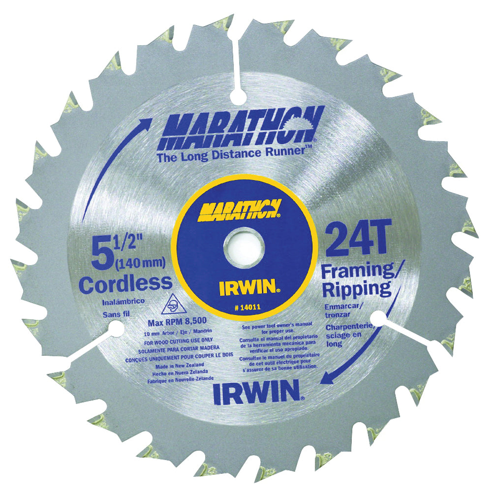 IRWIN MARATHON 14011 Circular Saw Blade, 5-1/2 in Dia, 0.39 in Arbor, 24-Teeth, Carbide Cutting Edge