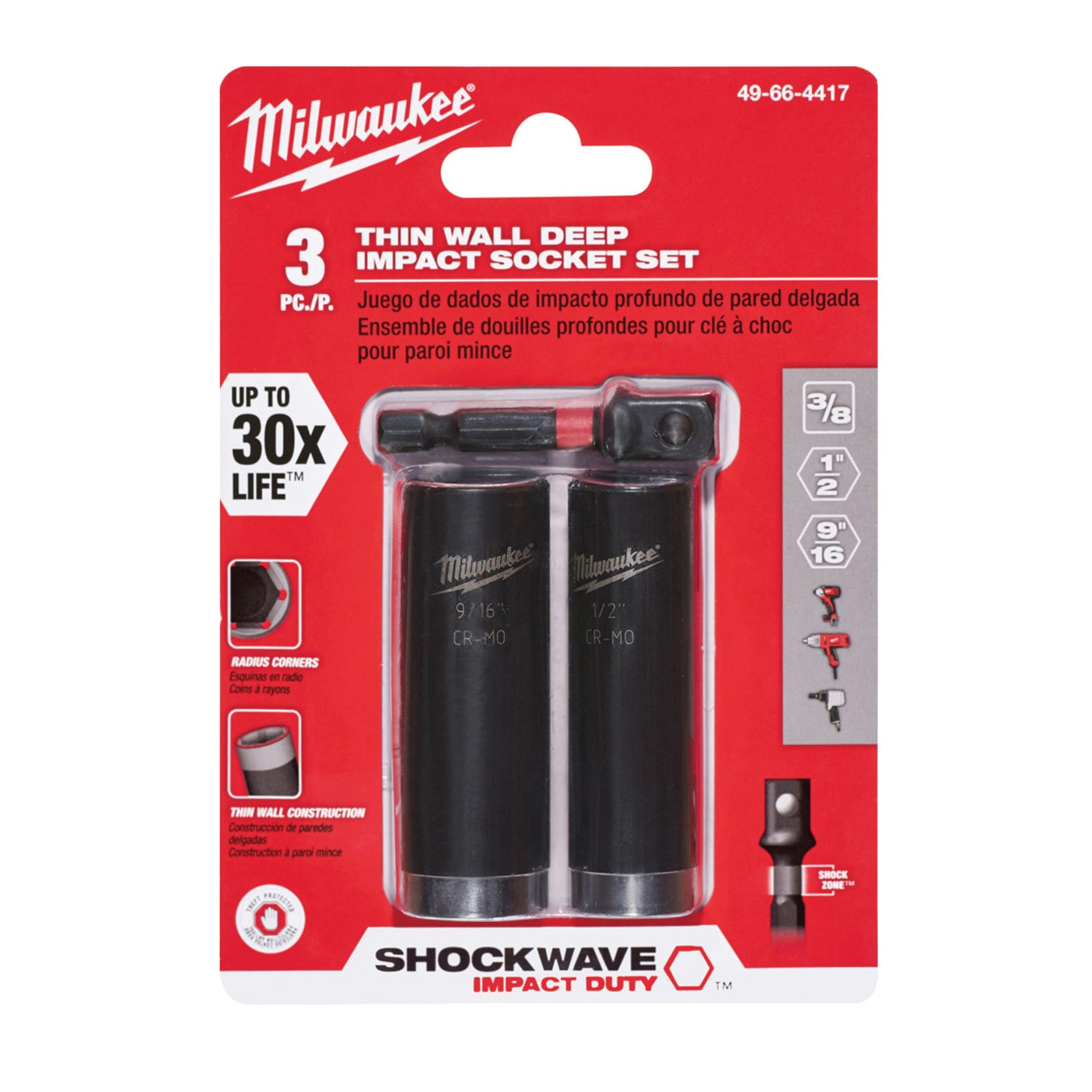 Milwaukee SHOCKWAVE Impact Duty Series 49-66-4417 Deep Well Socket Set, Steel, Black Oxide