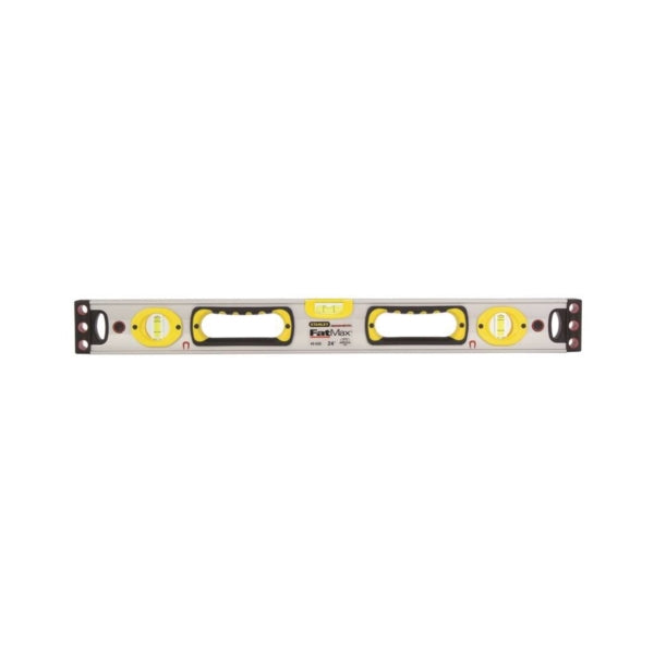 STANLEY 43-525 Box Beam Level, 24 in L, 3-Vial, 2-Hang Hole, Magnetic, Aluminum, Silver/Yellow