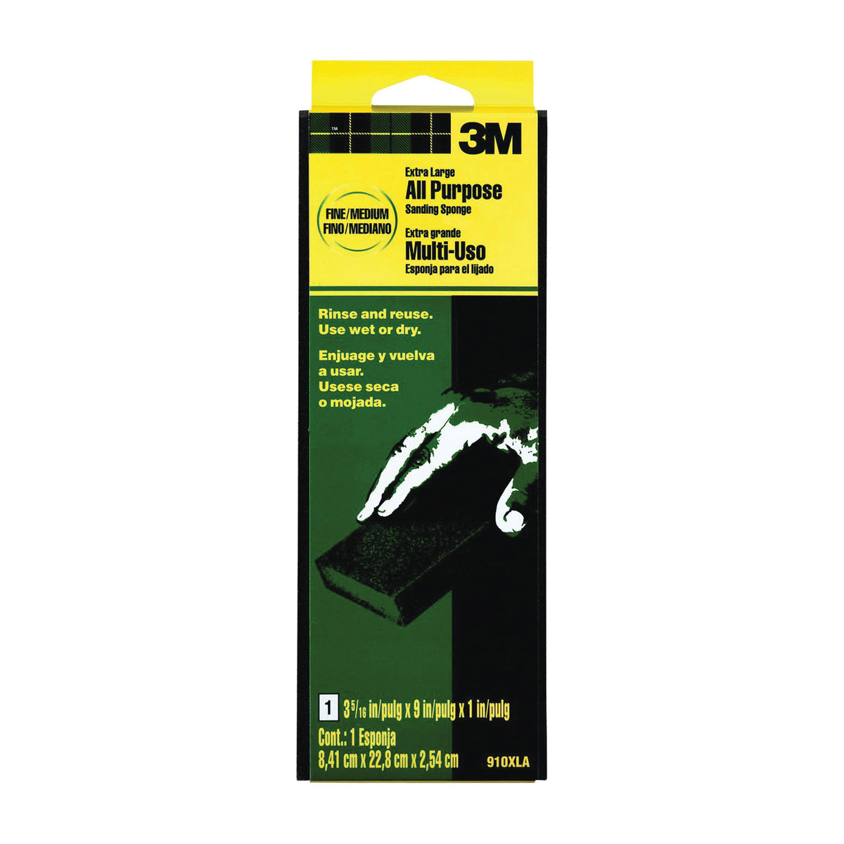 3M 910-XLA Sanding Sponge, 9 in L, 3.3 in W, Fine, Medium